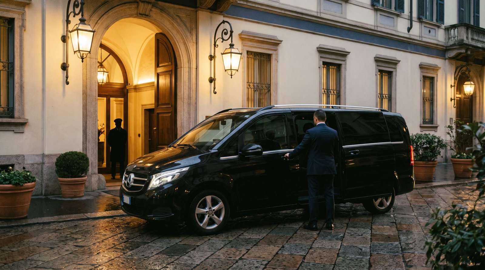 Van executiva na porta de um palácio em Milão, à noite